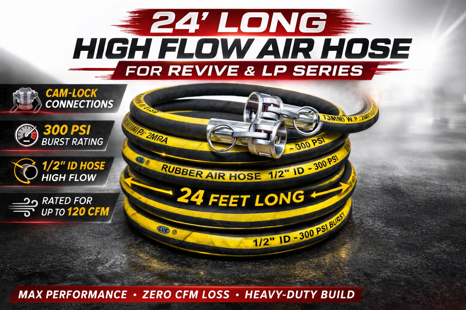 Revive & LP Series 1/2” High-Flow 24' Air Supply Hose – 300 PSI